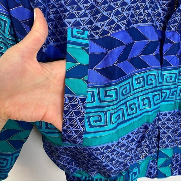Vintage 80s 90s Silk Windbreaker Jacket Womens Medium Geometric Turquoise Blue - Picture 5 of 13
